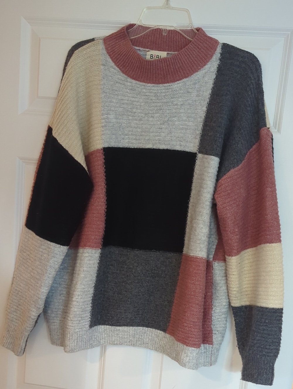 BiBi Block-Pattern Crewneck Sweater in Rose, Black, Gray & Cream